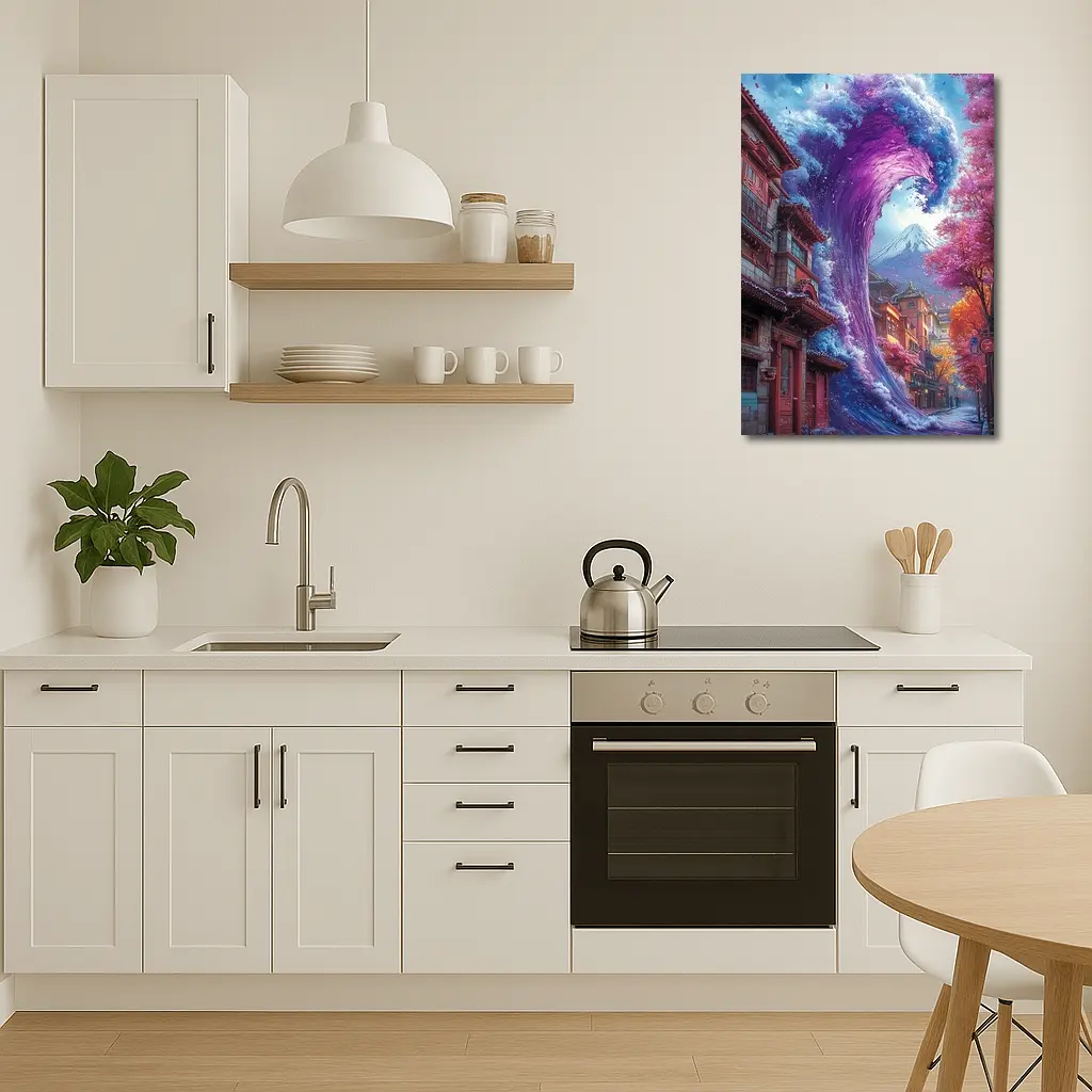 Purple Wave Surging Through Japanese Street – Wall Art