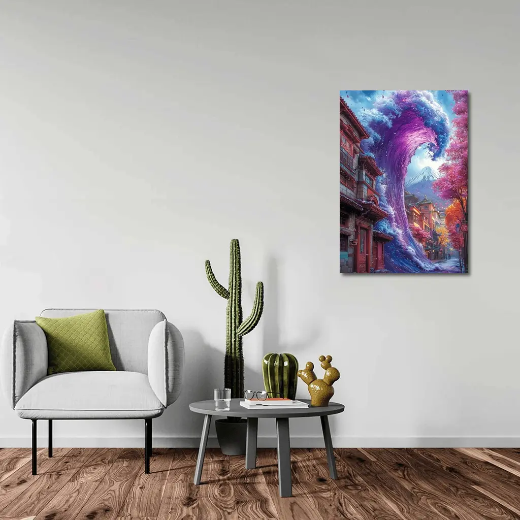 Purple Wave Surging Through Japanese Street – Wall Art