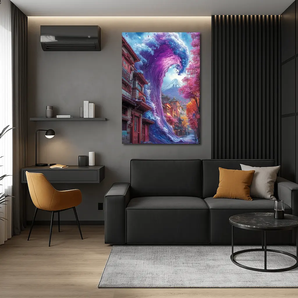 Purple Wave Surging Through Japanese Street – Wall Art
