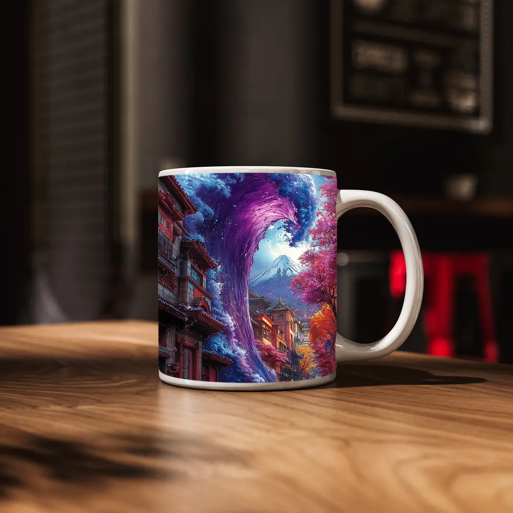 Purple Wave Surging Through Japanese Street – Mugs