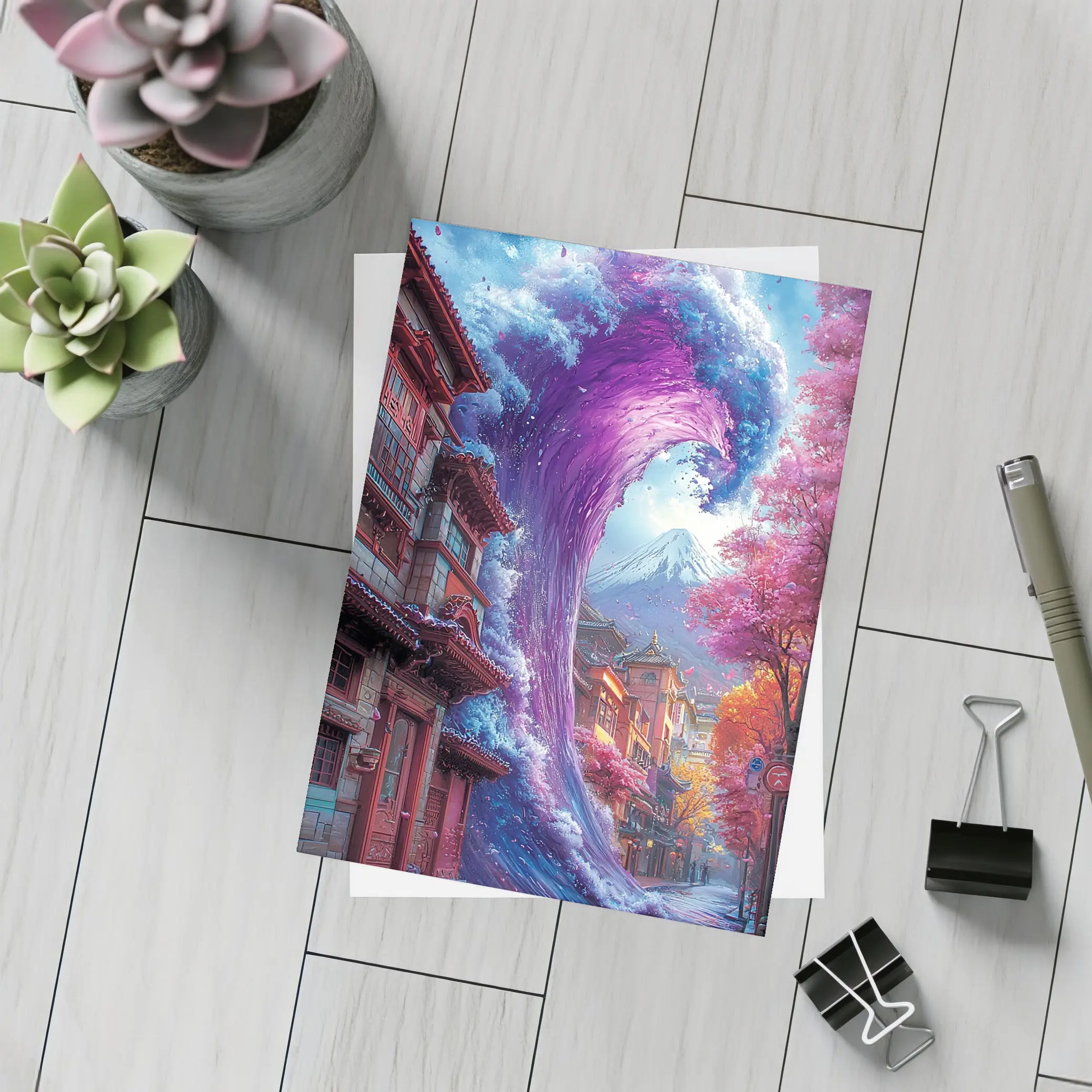 Purple Wave Surging Through Japanese Street – Postcards