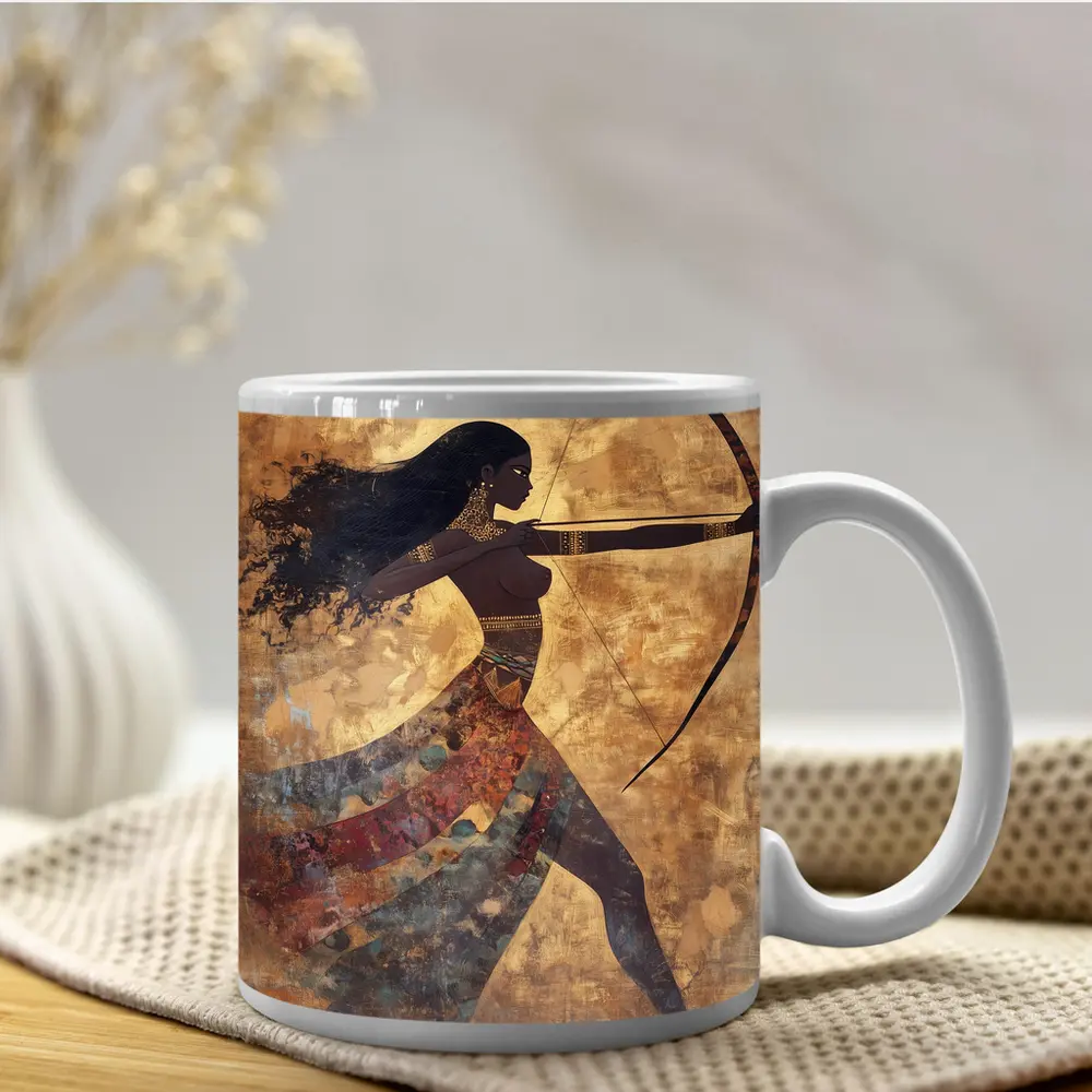 Ancient Warrior Woman Archer Gold Background – Mugs