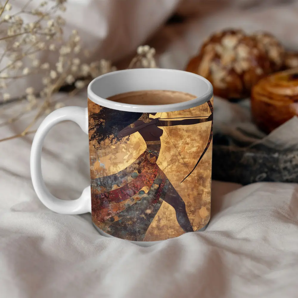 Ancient Warrior Woman Archer Gold Background – Mugs