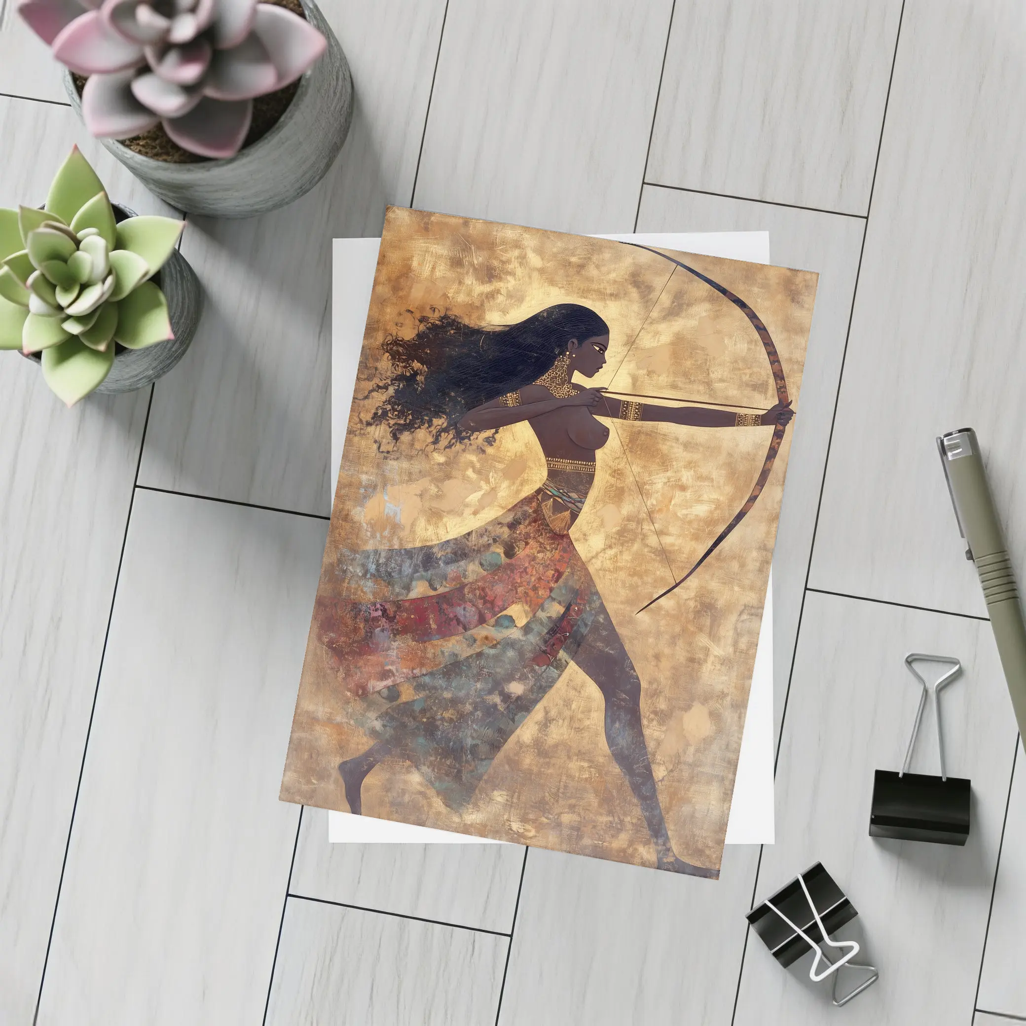 Ancient Warrior Woman Archer Gold Background – Postcards