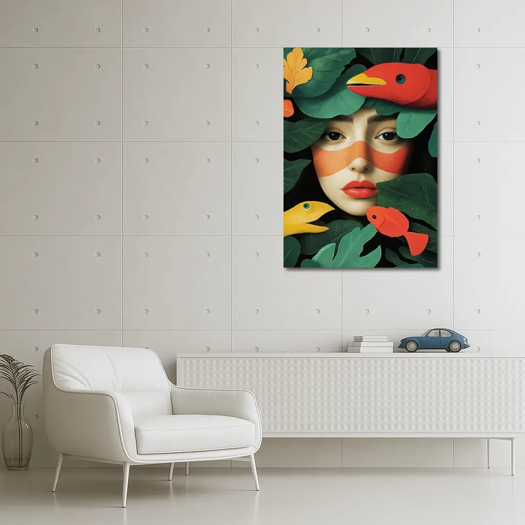 Woman Face With Birds And Tropical Leaves – Wall Art