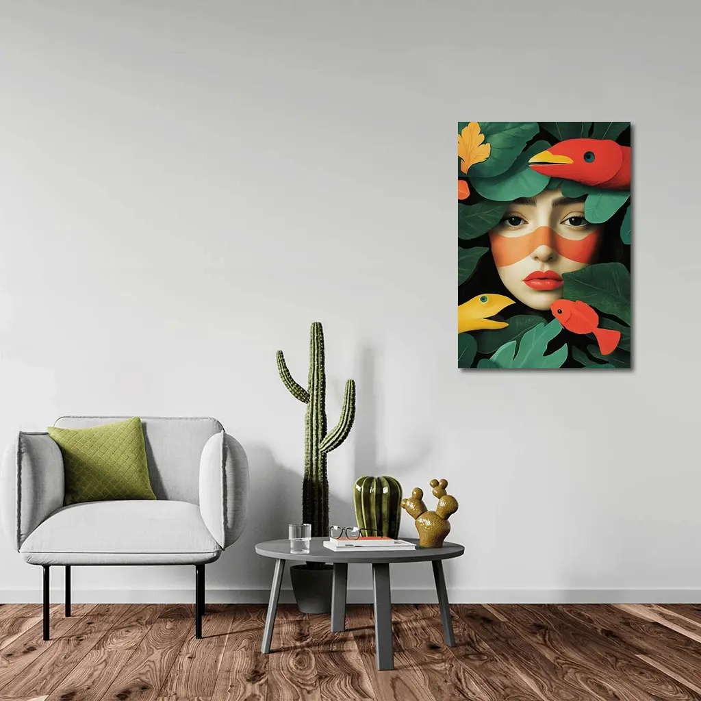 Woman Face With Birds And Tropical Leaves – Wall Art