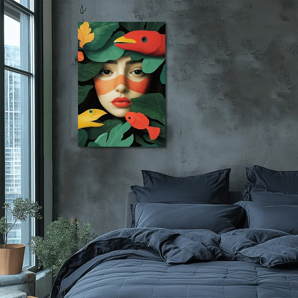 Woman Face With Birds And Tropical Leaves – Wall Art
