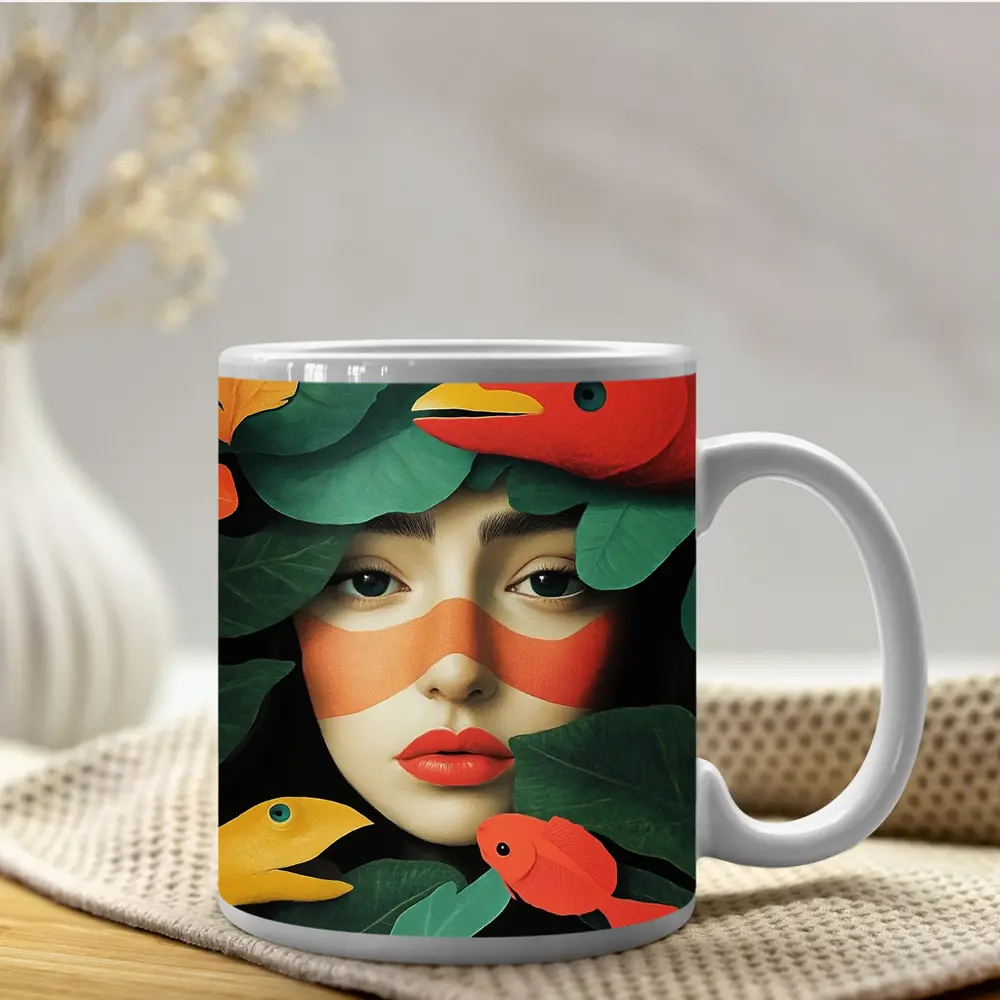 Woman Face With Birds And Tropical Leaves – Mugs