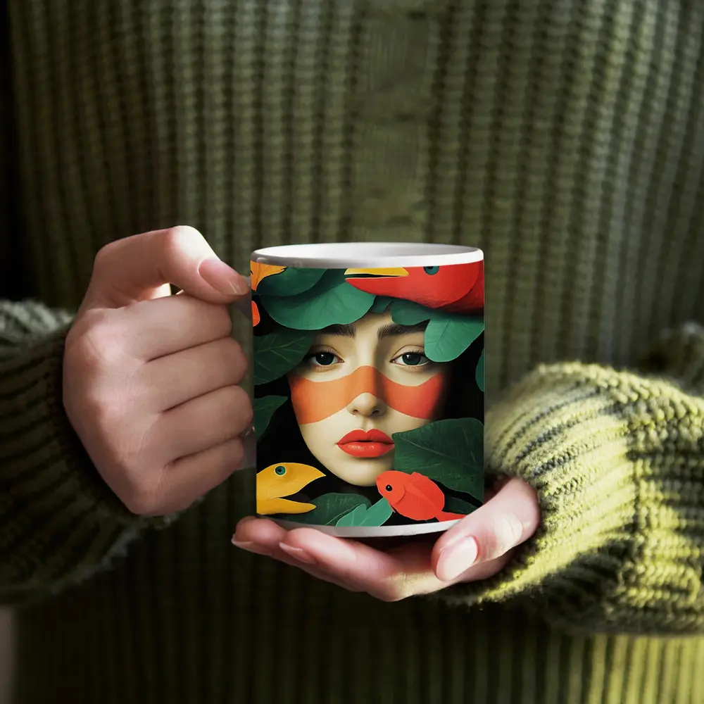 Woman Face With Birds And Tropical Leaves – Mugs