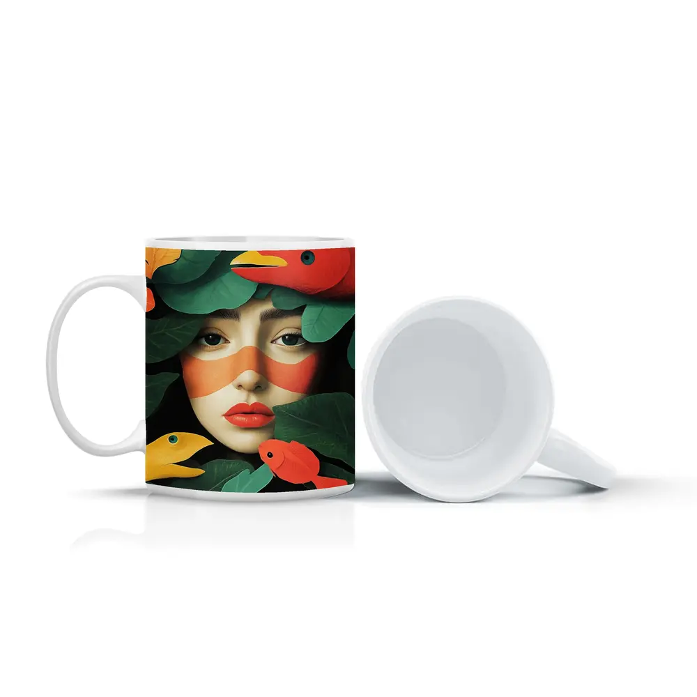 Woman Face With Birds And Tropical Leaves – Mugs