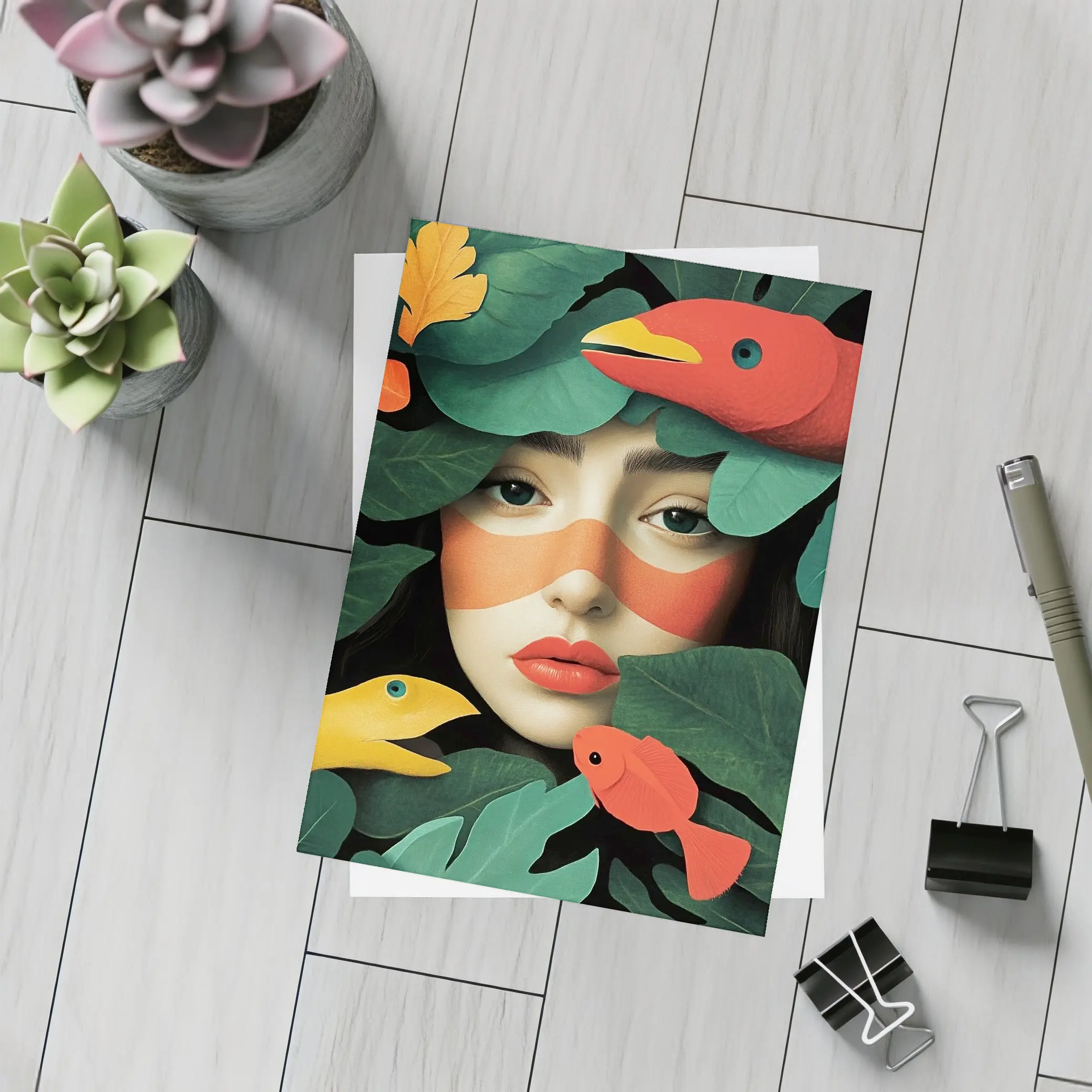 Woman Face With Birds And Tropical Leaves – Postcards