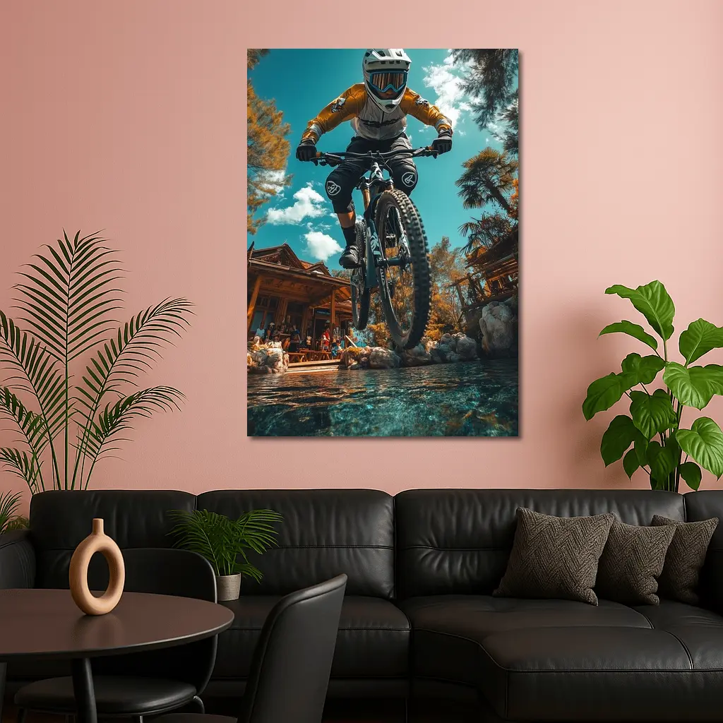 Mountain Biker Jumping Over Water Splash – Wall Art