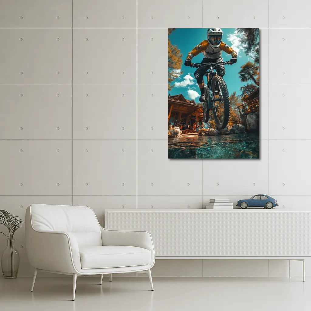 Mountain Biker Jumping Over Water Splash – Wall Art