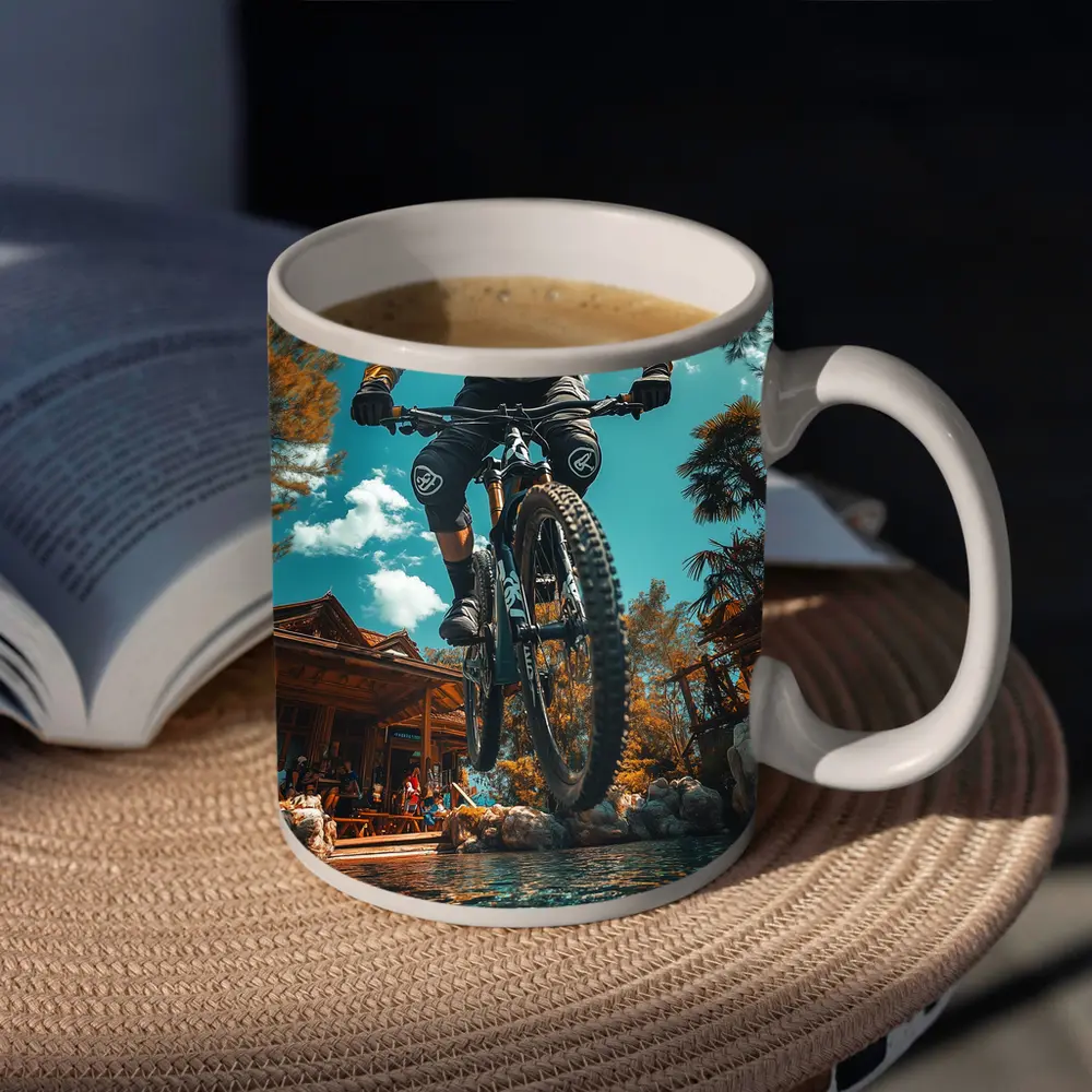 Mountain Biker Jumping Over Water Splash – Mugs