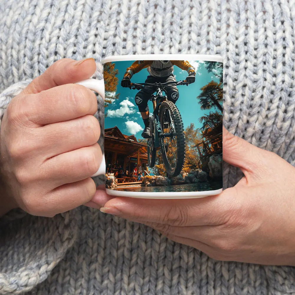 Mountain Biker Jumping Over Water Splash – Mugs