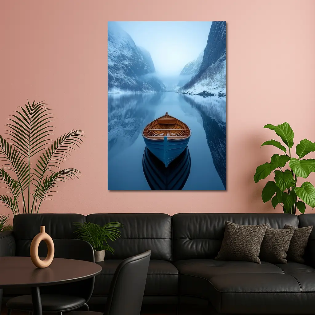 Blue Wooden Boat Misty Fjord Winter – Wall Art