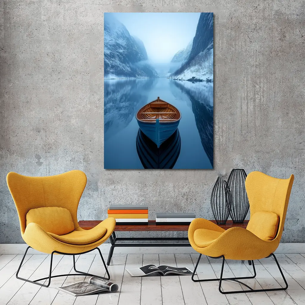 Blue Wooden Boat Misty Fjord Winter – Wall Art