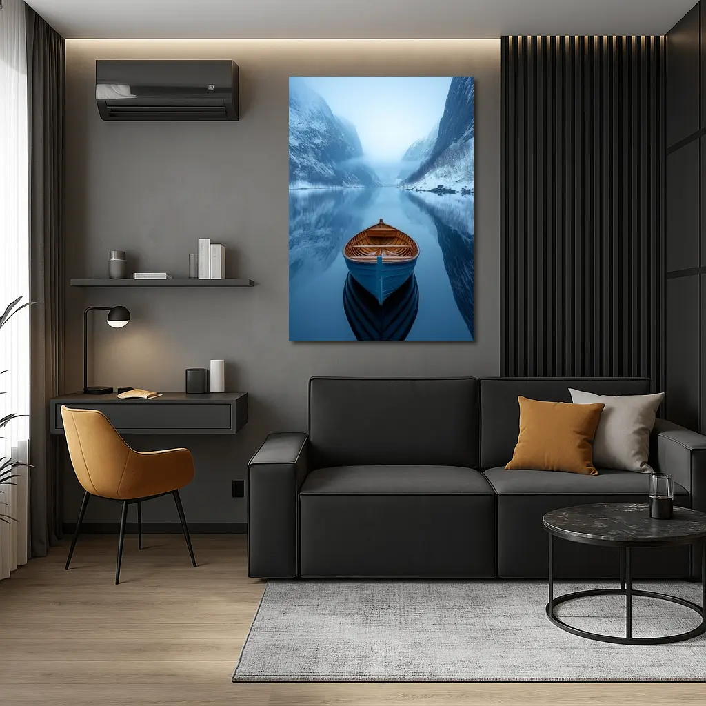 Blue Wooden Boat Misty Fjord Winter – Wall Art
