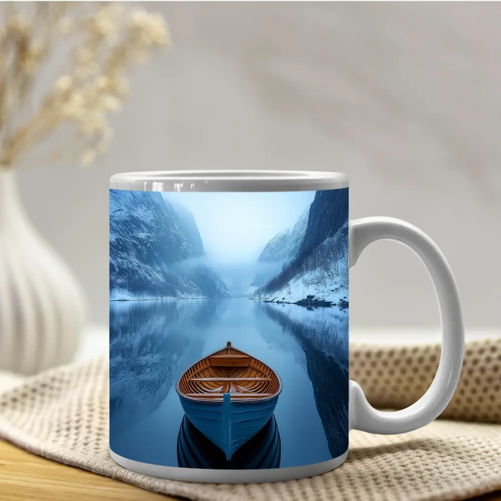 Blue Wooden Boat Misty Fjord Winter – Mugs