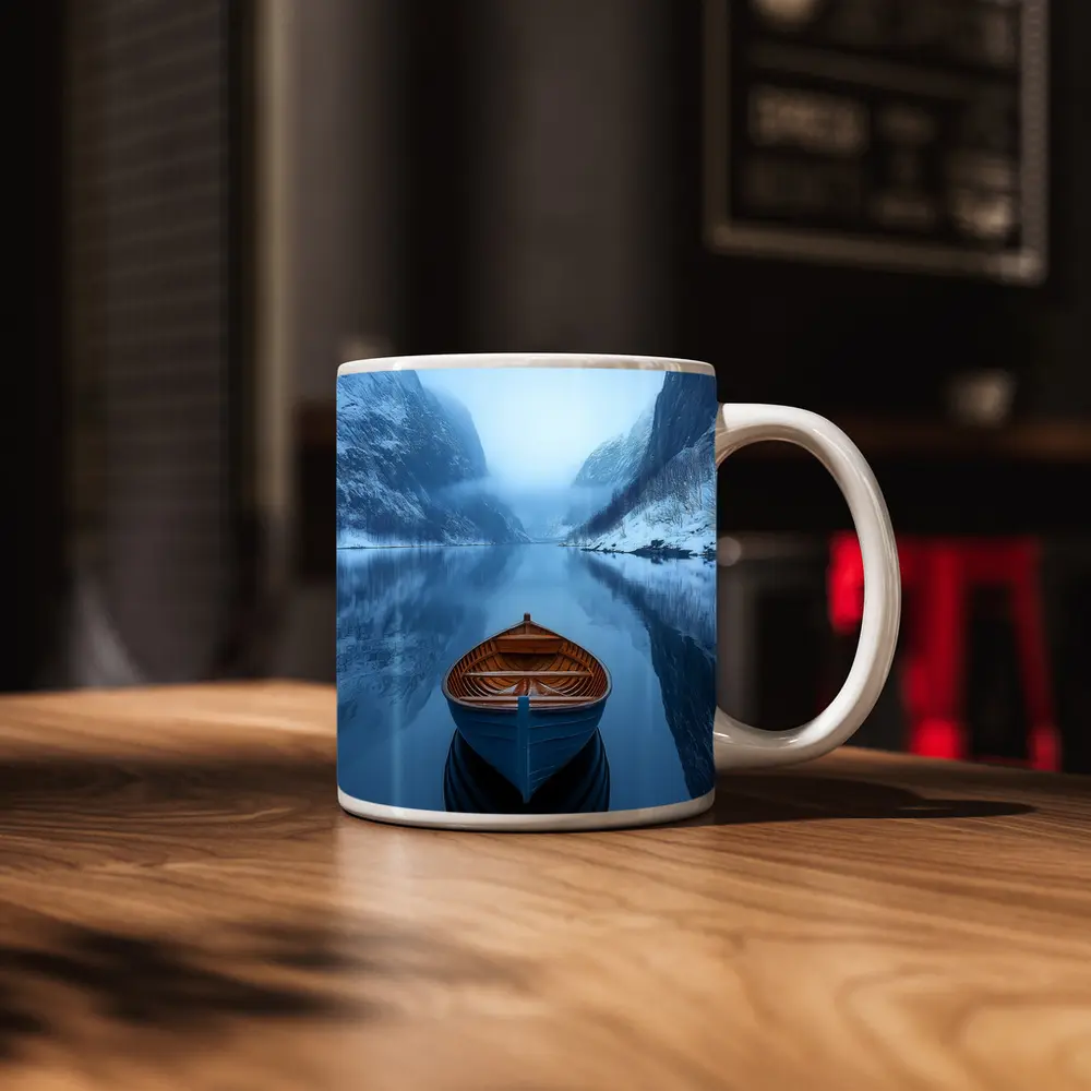 Blue Wooden Boat Misty Fjord Winter – Mugs