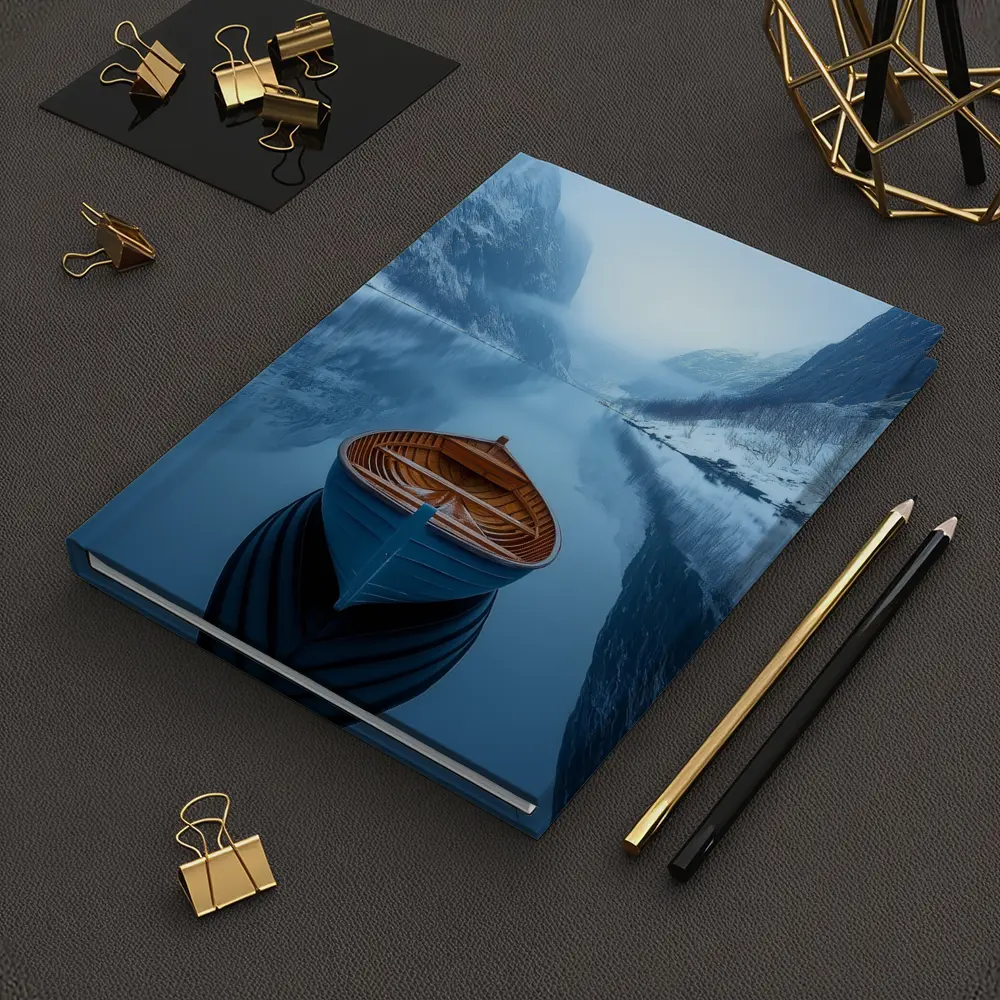 Blue Wooden Boat Misty Fjord Winter – Notebooks