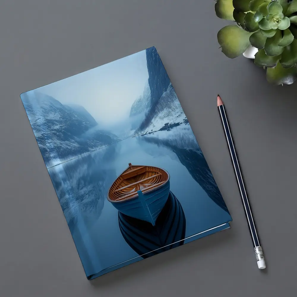 Blue Wooden Boat Misty Fjord Winter – Notebooks