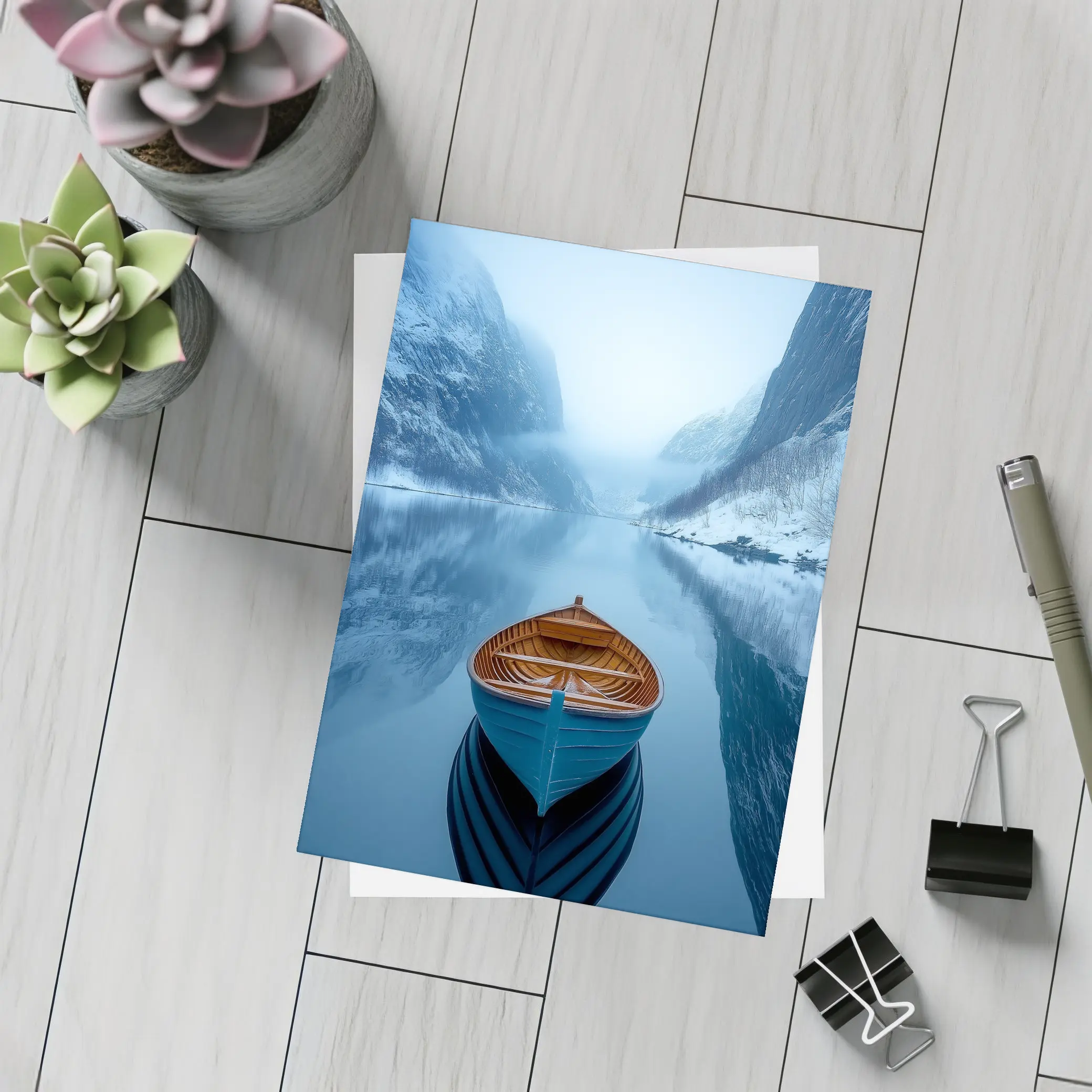 Blue Wooden Boat Misty Fjord Winter – Postcards