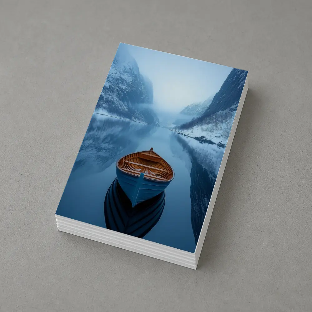Blue Wooden Boat Misty Fjord Winter – Postcards