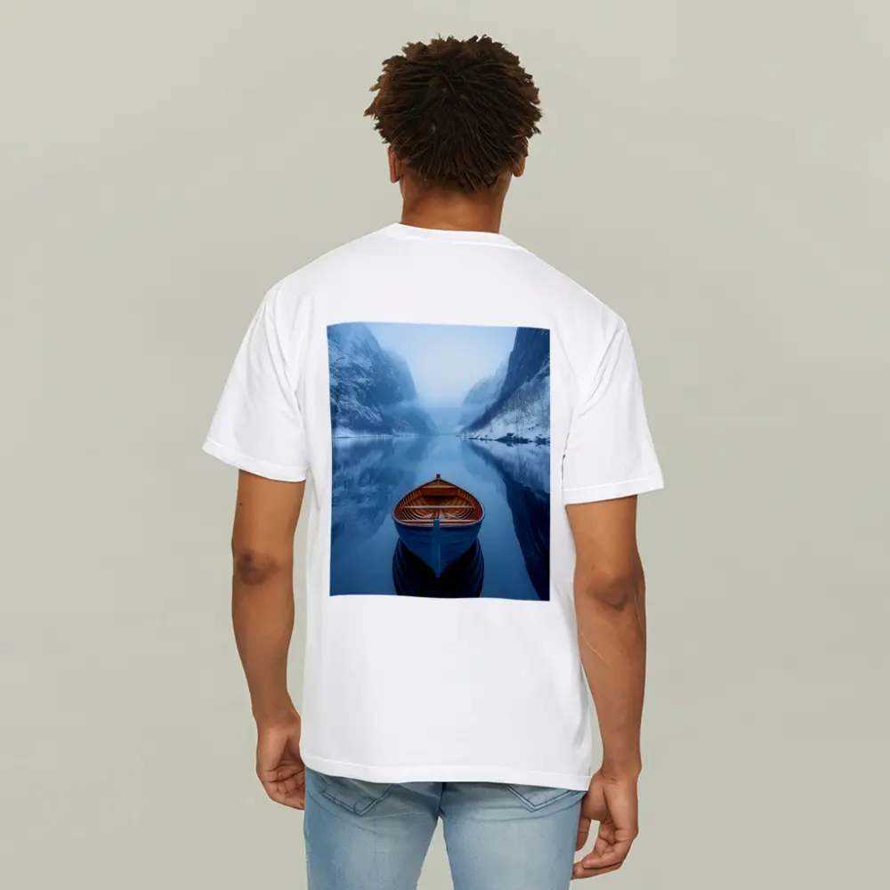 Blue Wooden Boat Misty Fjord Winter – T-Shirts