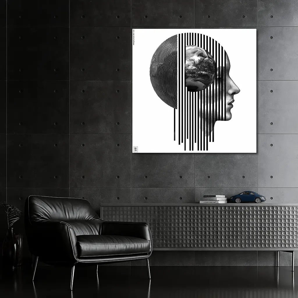 Human Head Earth Globe Black White Art – Wall Art