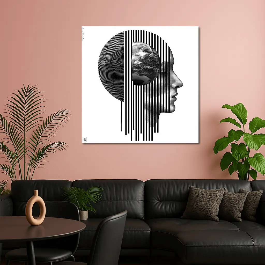 Human Head Earth Globe Black White Art – Wall Art