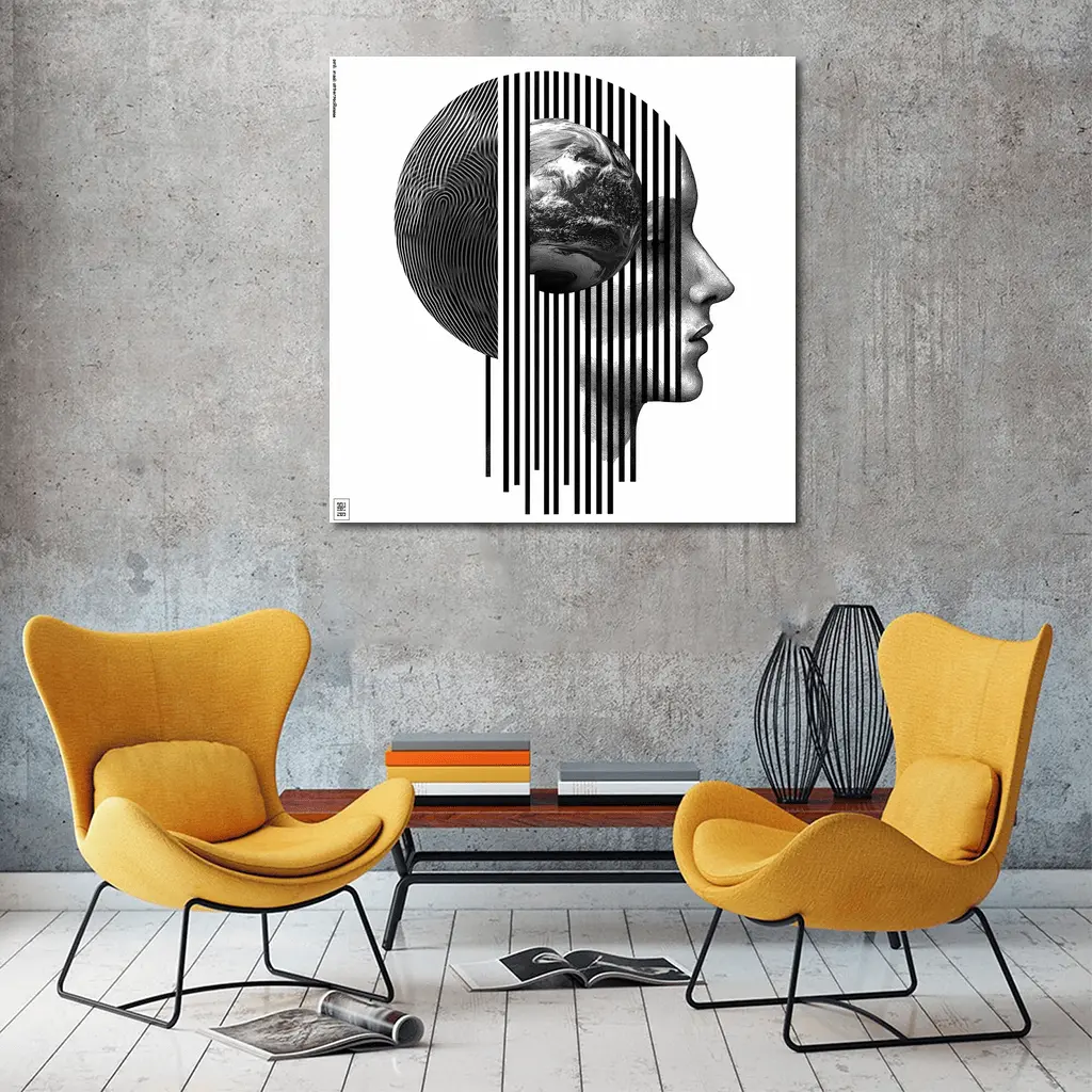Human Head Earth Globe Black White Art – Wall Art