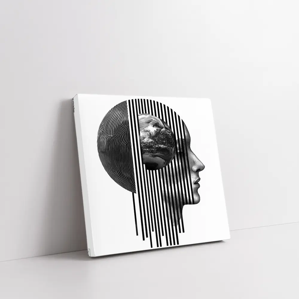 Human Head Earth Globe Black White Art – Wall Art