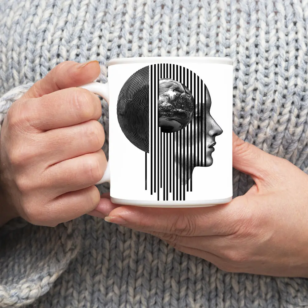 Human Head Earth Globe Black White Art – Mugs