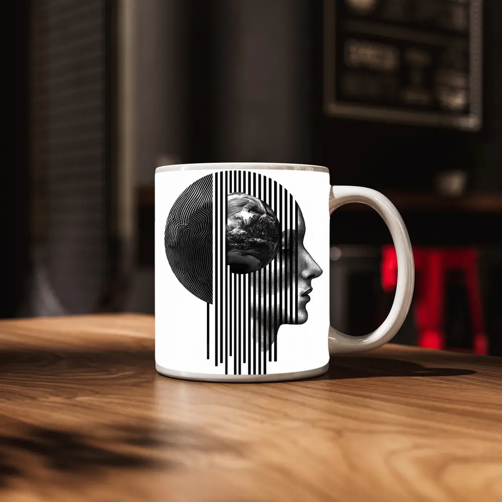 Human Head Earth Globe Black White Art – Mugs
