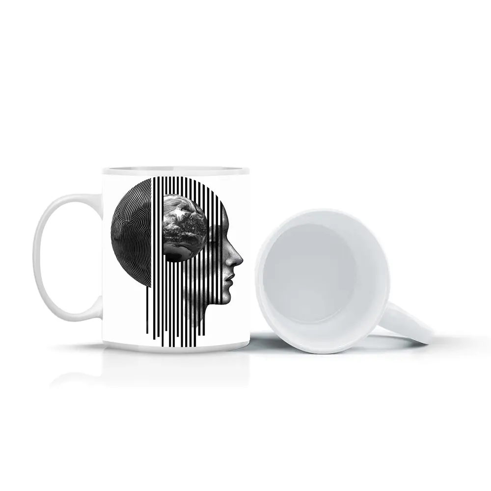 Human Head Earth Globe Black White Art – Mugs