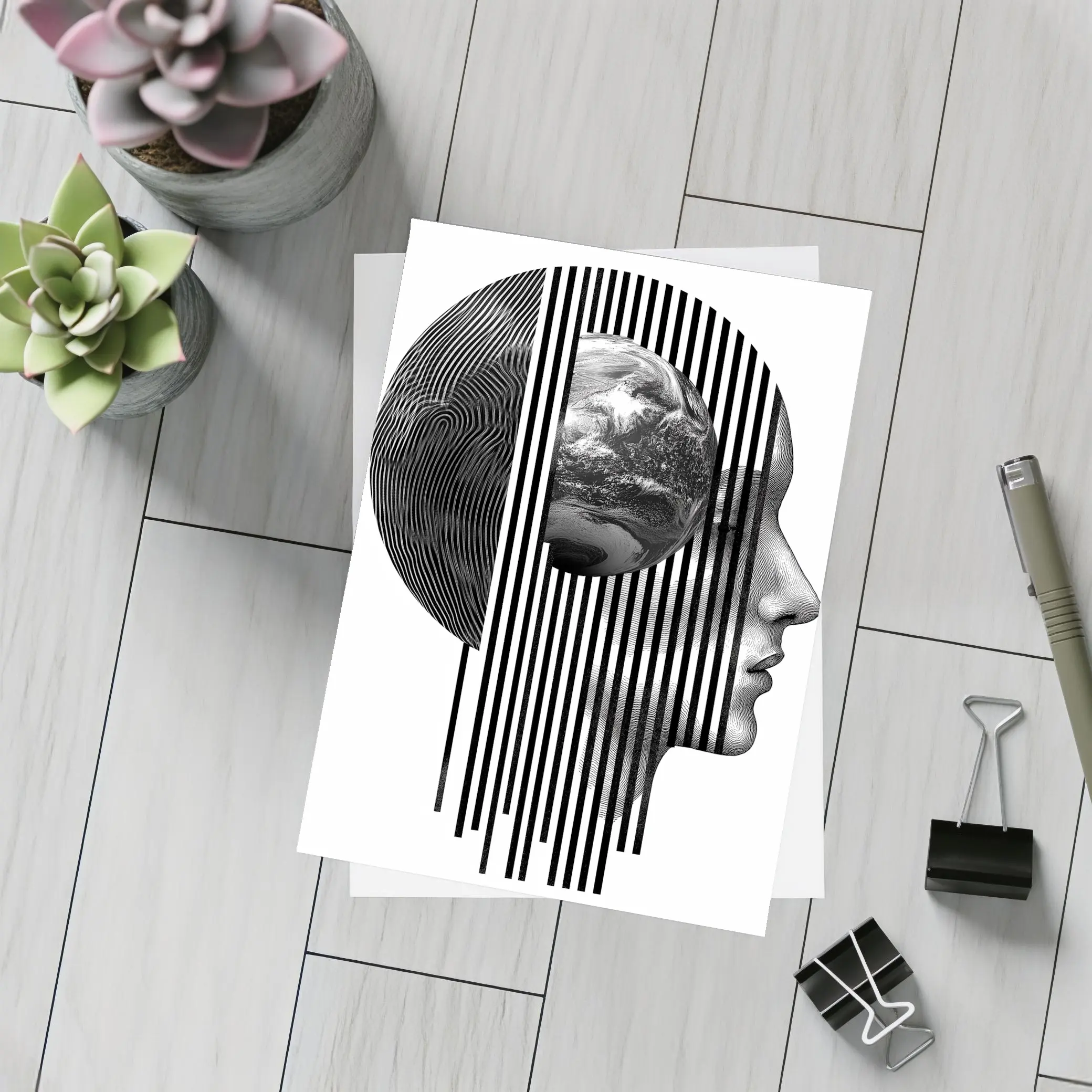 Human Head Earth Globe Black White Art – Postcards