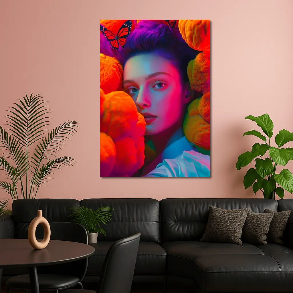 Woman Portrait Orange Flowers Butterflies Neon – Wall Art