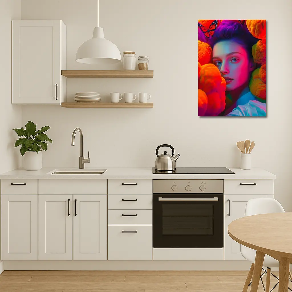 Woman Portrait Orange Flowers Butterflies Neon – Wall Art
