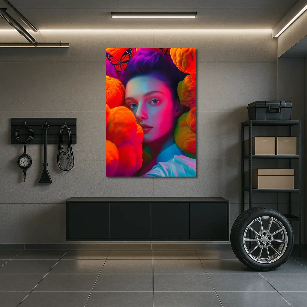 Woman Portrait Orange Flowers Butterflies Neon – Wall Art