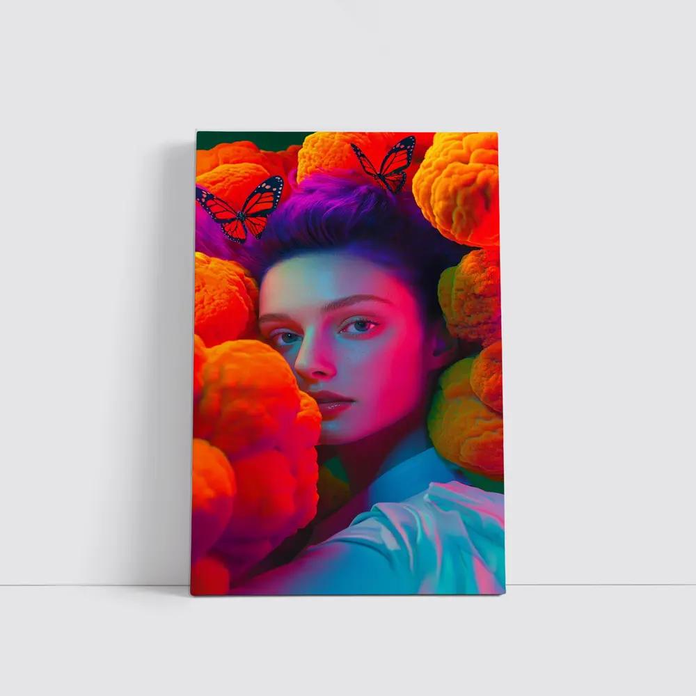 Woman Portrait Orange Flowers Butterflies Neon – Wall Art