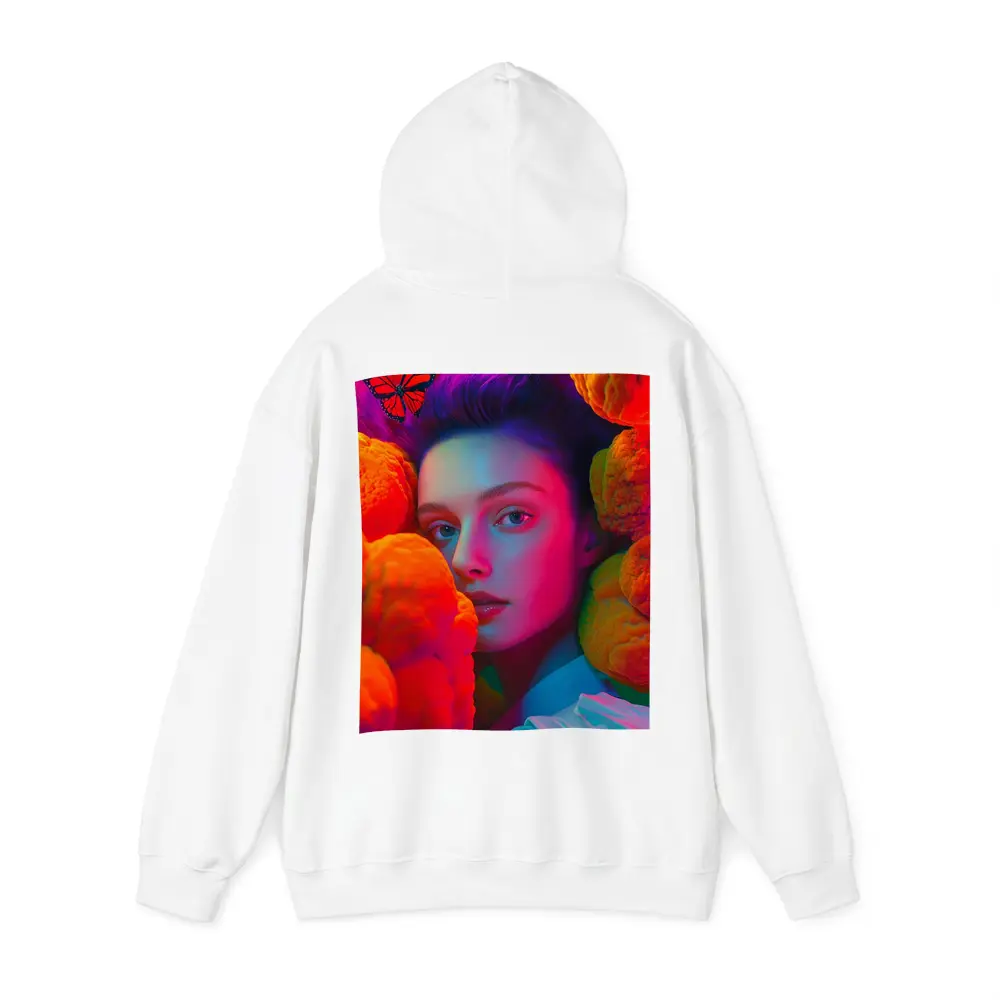 Woman Portrait Orange Flowers Butterflies Neon – Hoodies