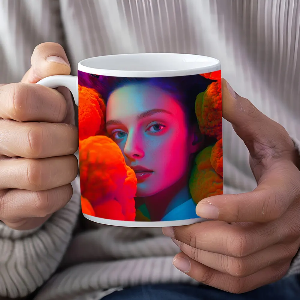 Woman Portrait Orange Flowers Butterflies Neon – Mugs