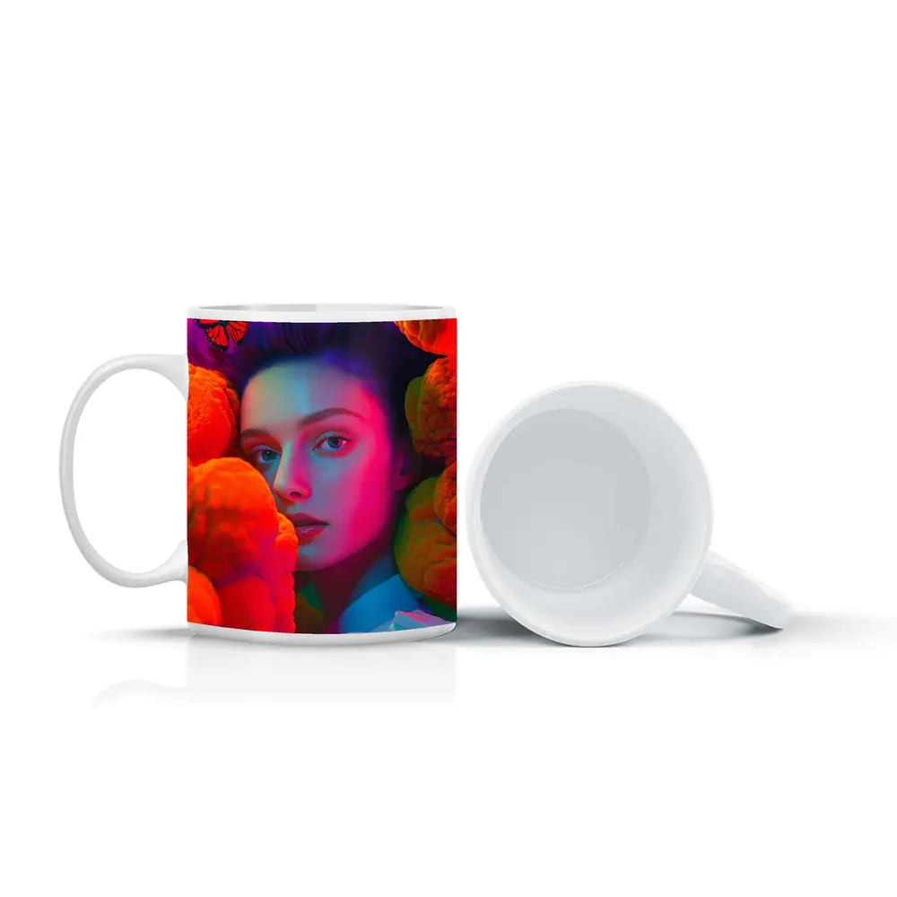 Woman Portrait Orange Flowers Butterflies Neon – Mugs