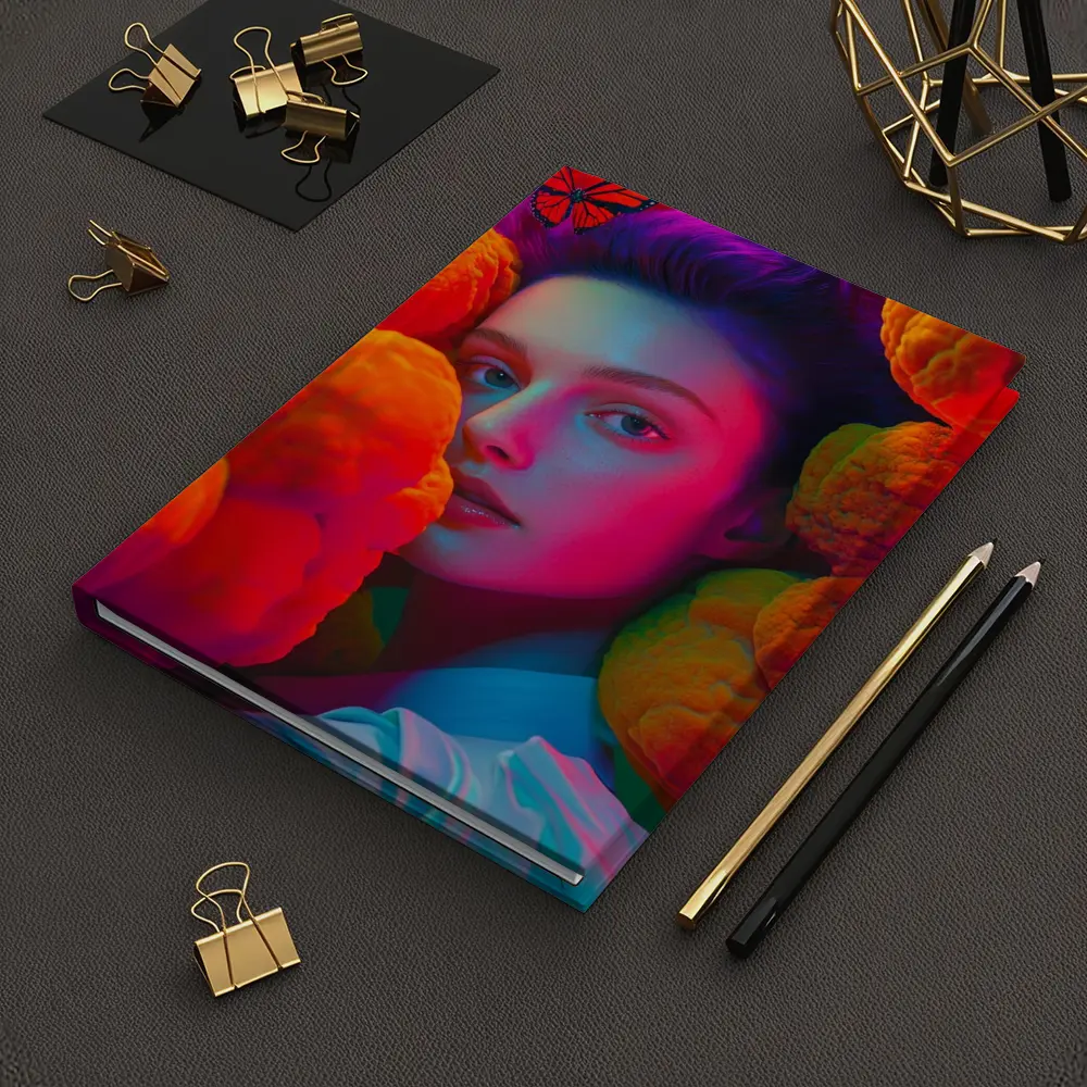 Woman Portrait Orange Flowers Butterflies Neon – Notebooks