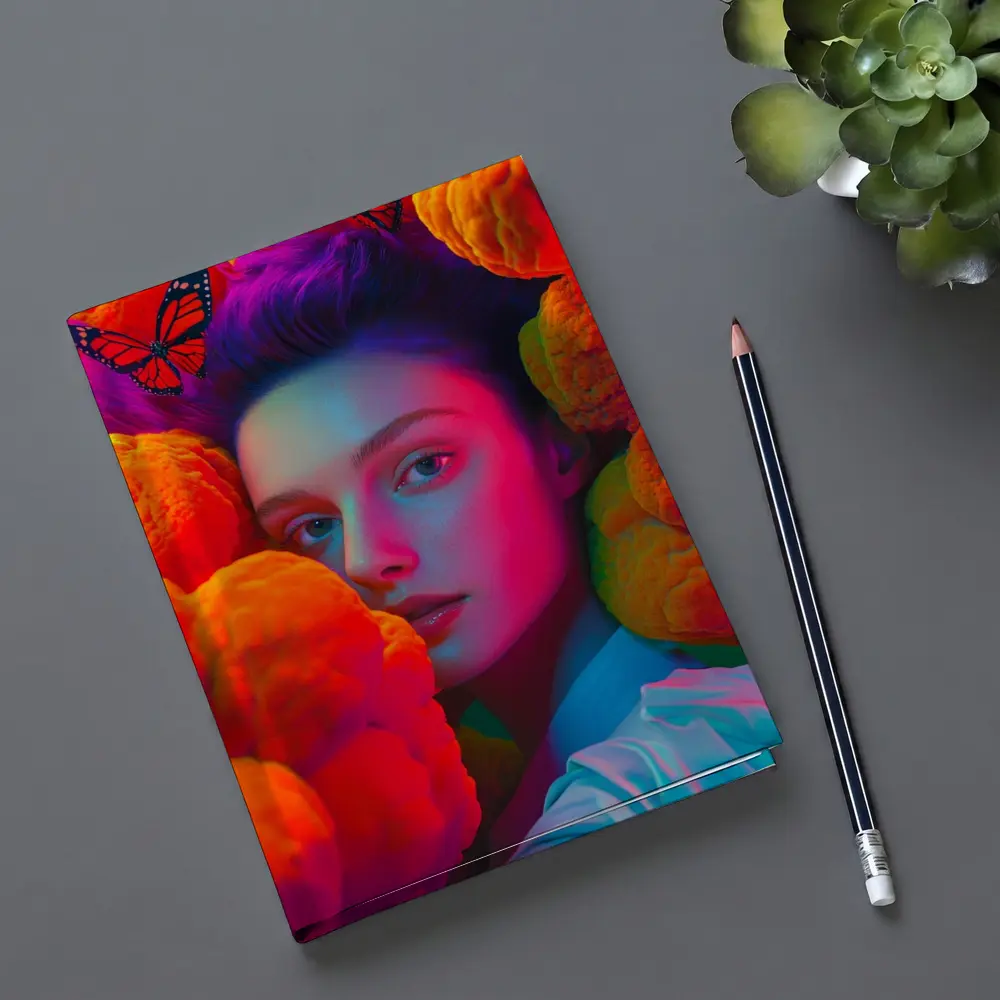 Woman Portrait Orange Flowers Butterflies Neon – Notebooks