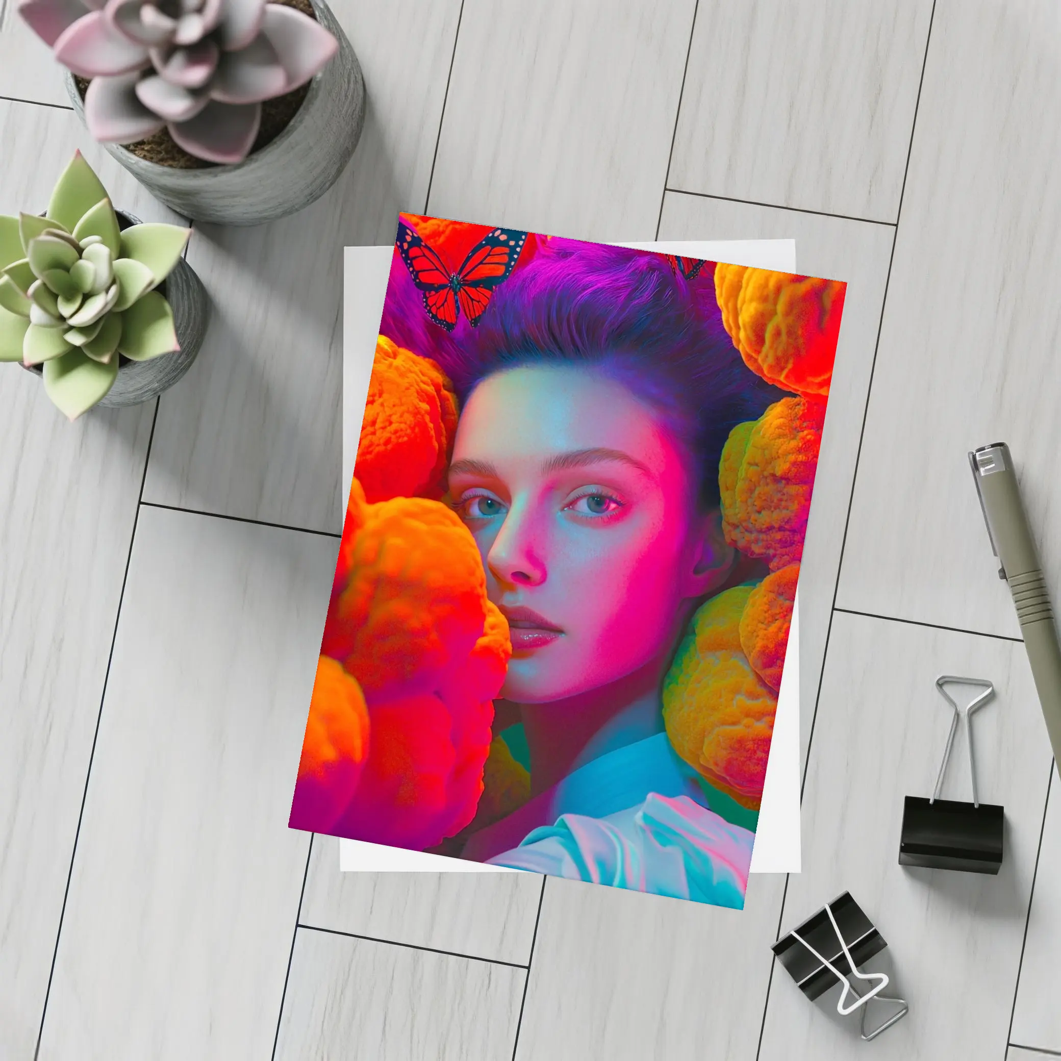 Woman Portrait Orange Flowers Butterflies Neon – Postcards