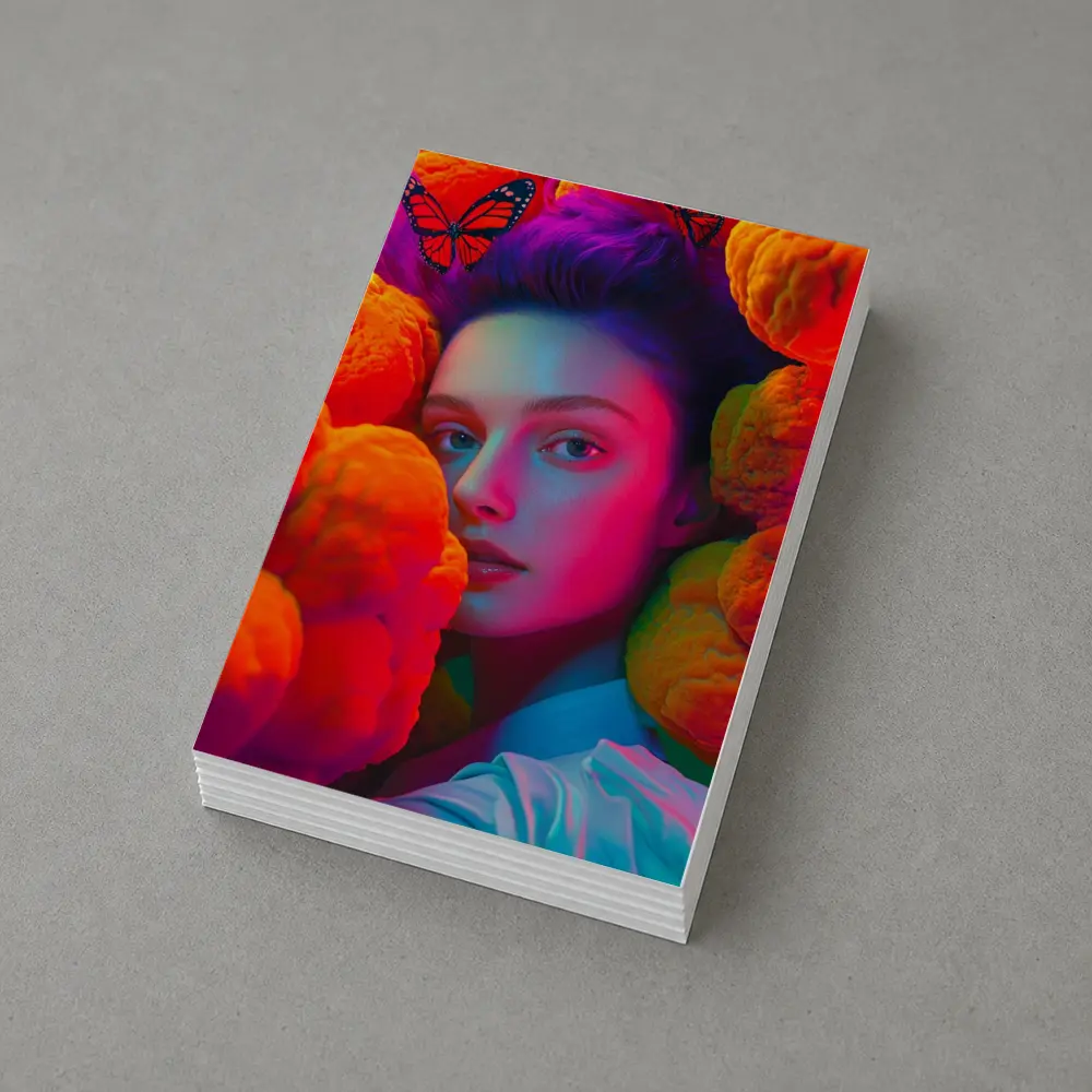 Woman Portrait Orange Flowers Butterflies Neon – Postcards