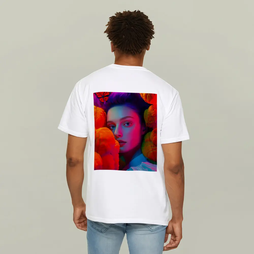 Woman Portrait Orange Flowers Butterflies Neon – T-Shirts