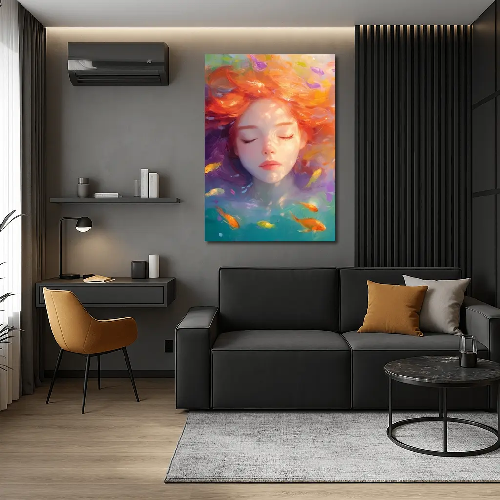 Girl Floating Underwater With Colorful Fish – Wall Art
